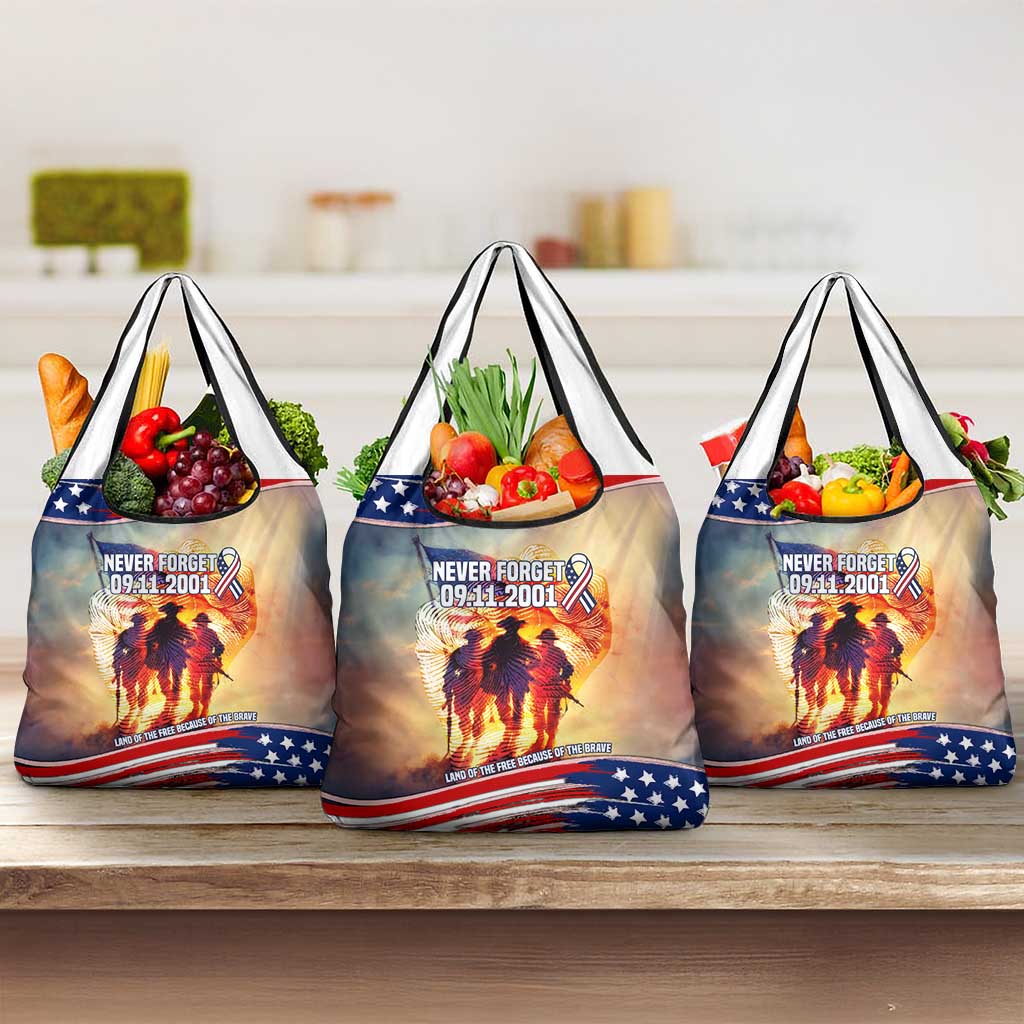 911 Memorial Patriot Day Grocery Bag American Flag and Soldier Tribute Never Forget - Wonder Print Shop