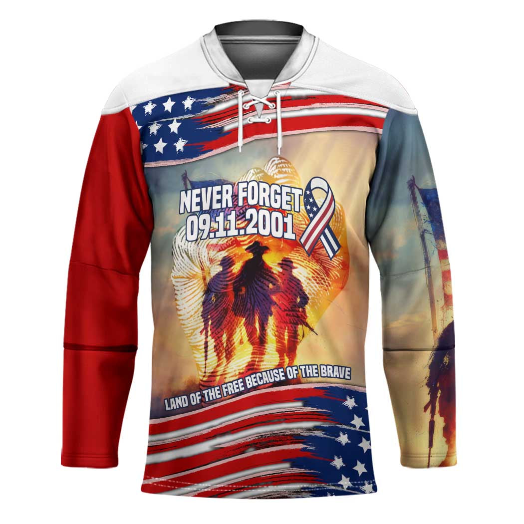 911 Memorial Patriot Day Hockey Jersey American Flag and Soldier Tribute Never Forget - Wonder Print Shop