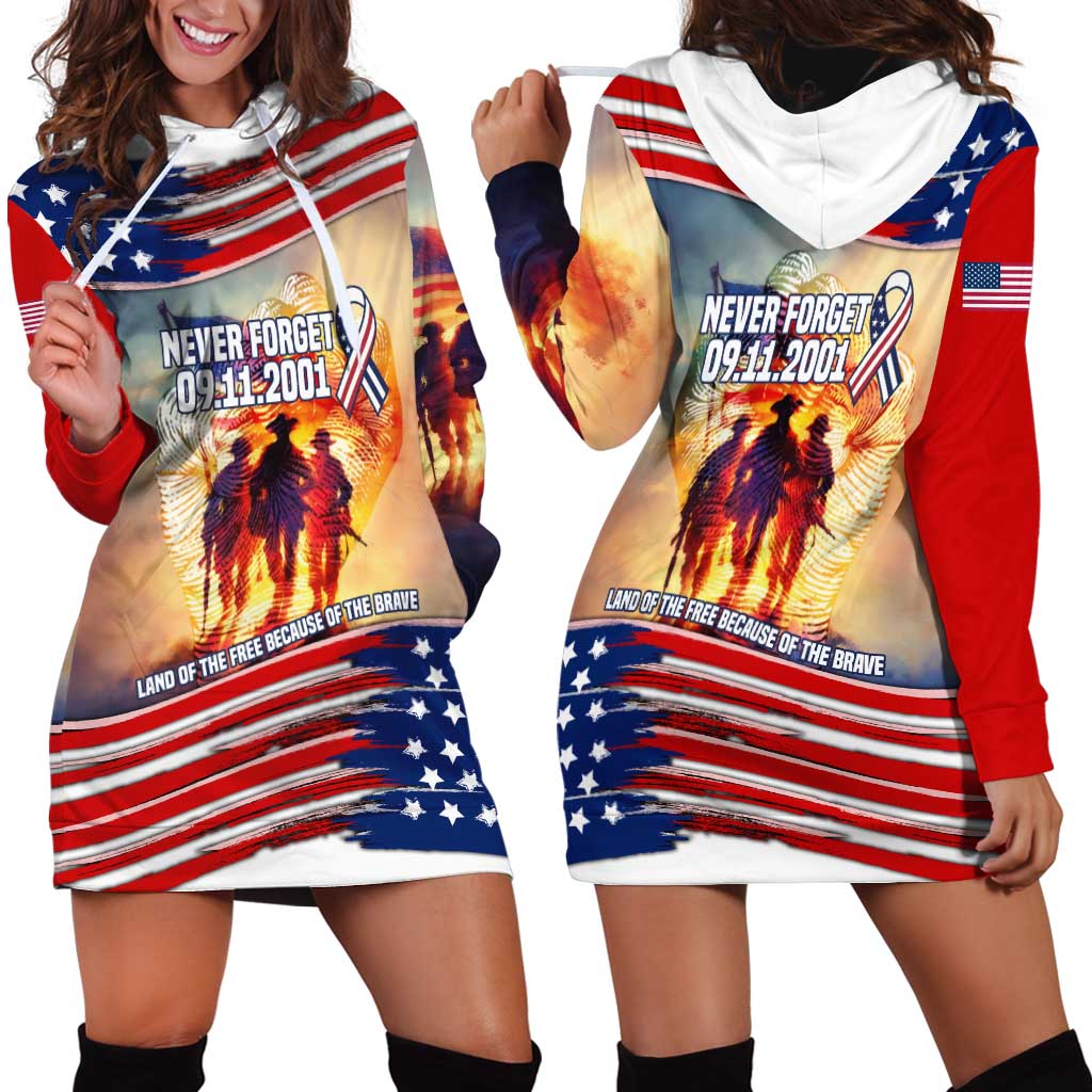 911 Memorial Patriot Day Hoodie Dress American Flag and Soldier Tribute Never Forget - Wonder Print Shop