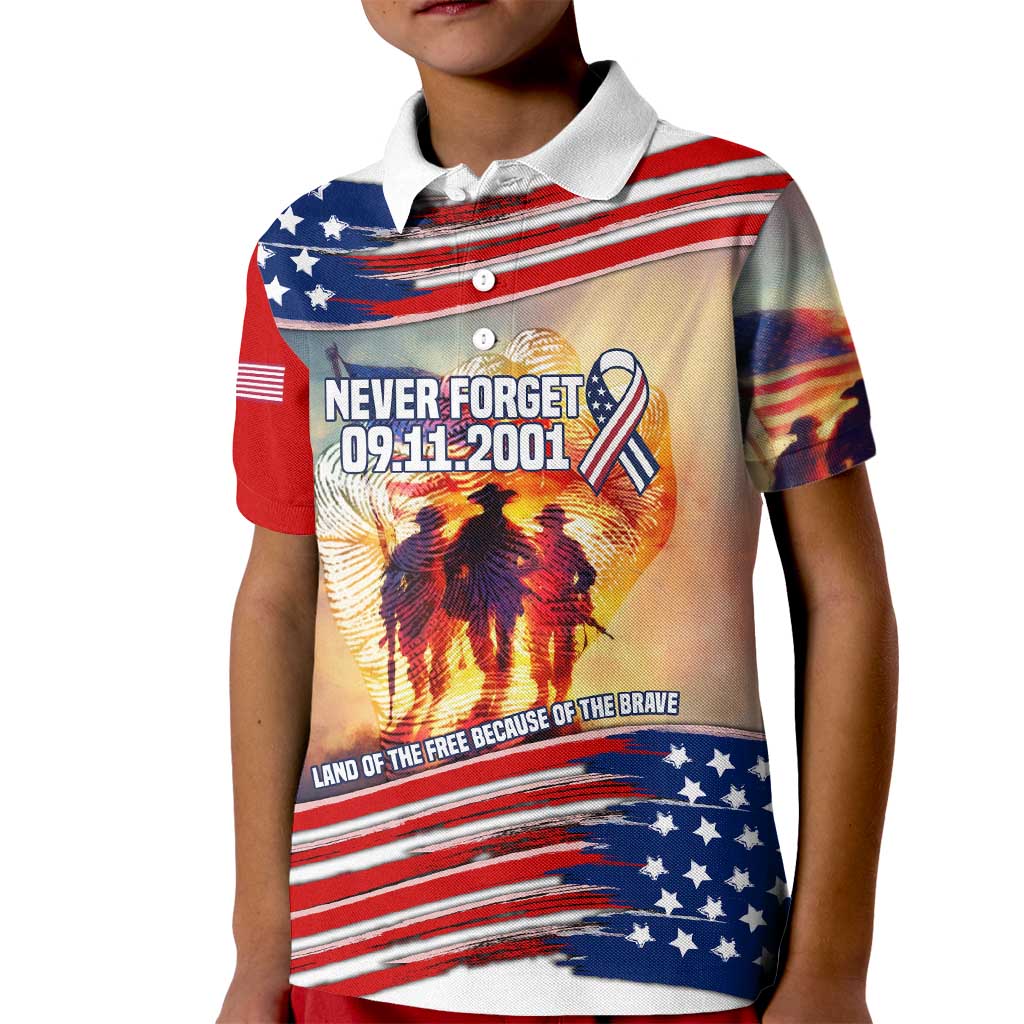 911 Memorial Patriot Day Kid Polo Shirt American Flag and Soldier Tribute Never Forget - Wonder Print Shop