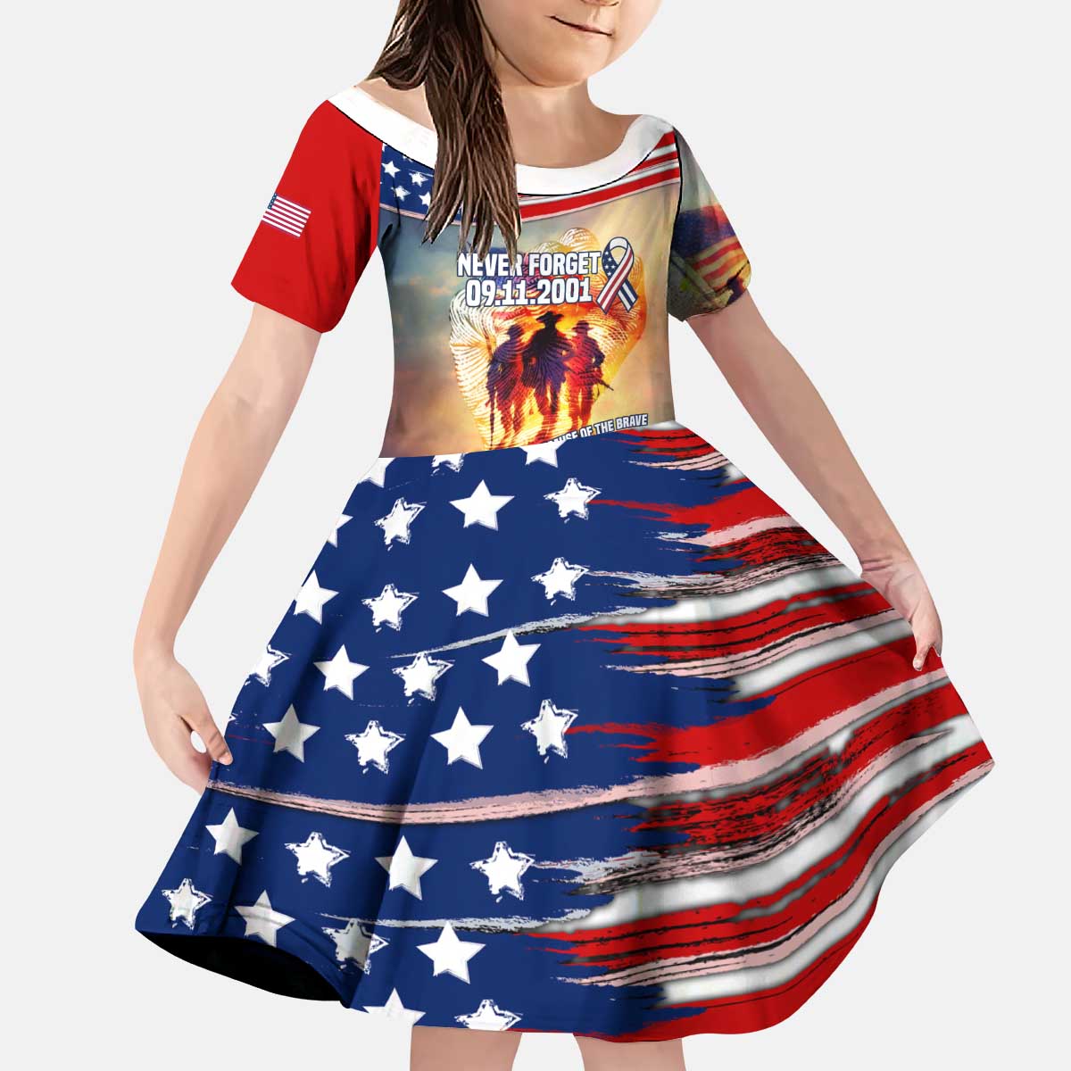 911 Memorial Patriot Day Kid Short Sleeve Dress American Flag and Soldier Tribute Never Forget - Wonder Print Shop