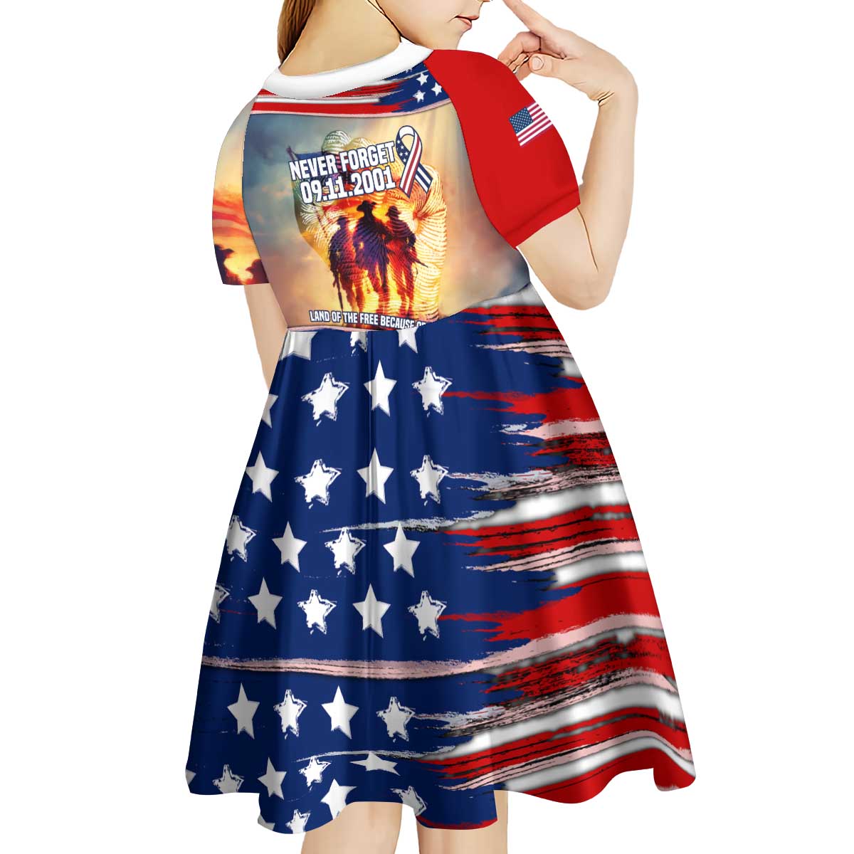 911 Memorial Patriot Day Kid Short Sleeve Dress American Flag and Soldier Tribute Never Forget - Wonder Print Shop