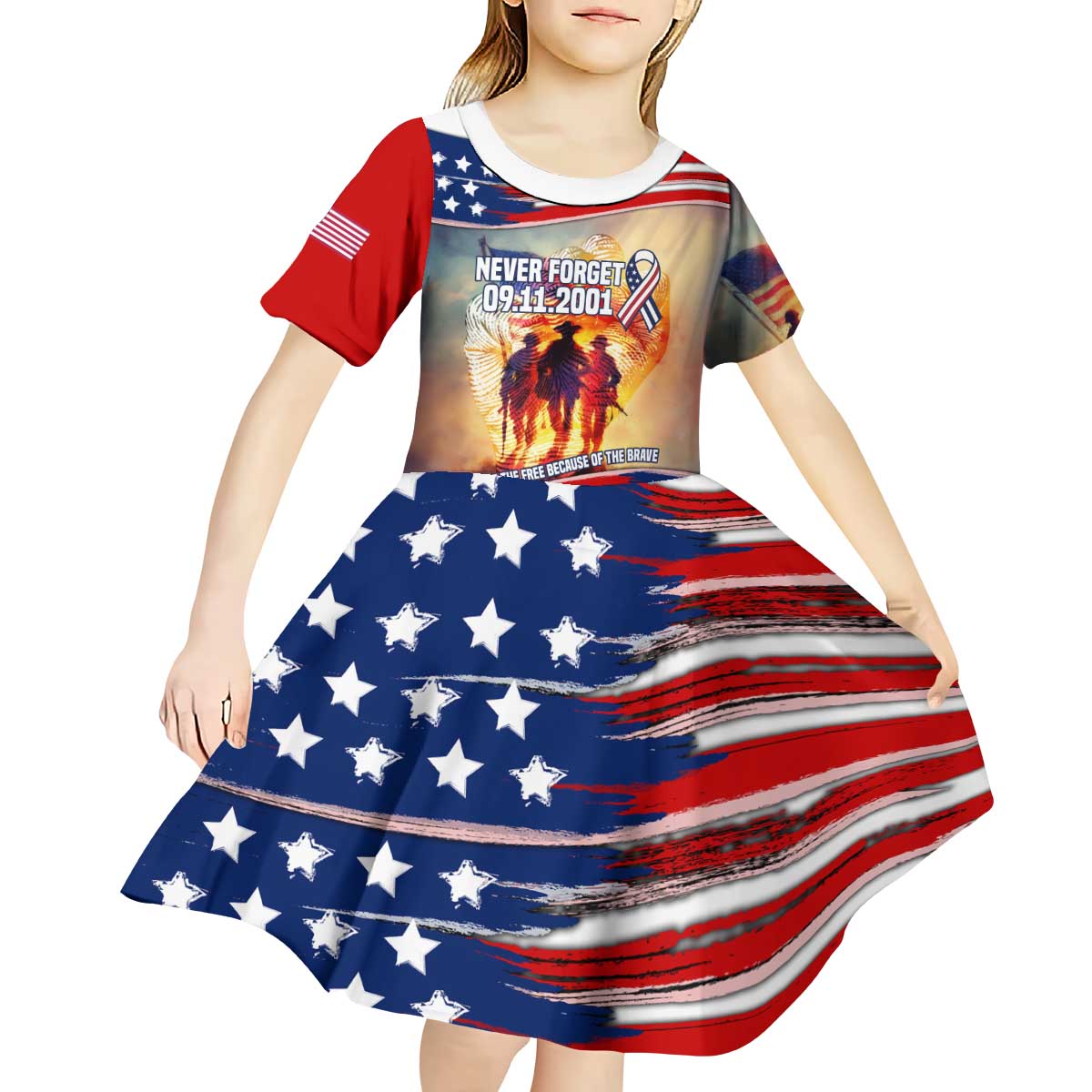 911 Memorial Patriot Day Kid Short Sleeve Dress American Flag and Soldier Tribute Never Forget - Wonder Print Shop