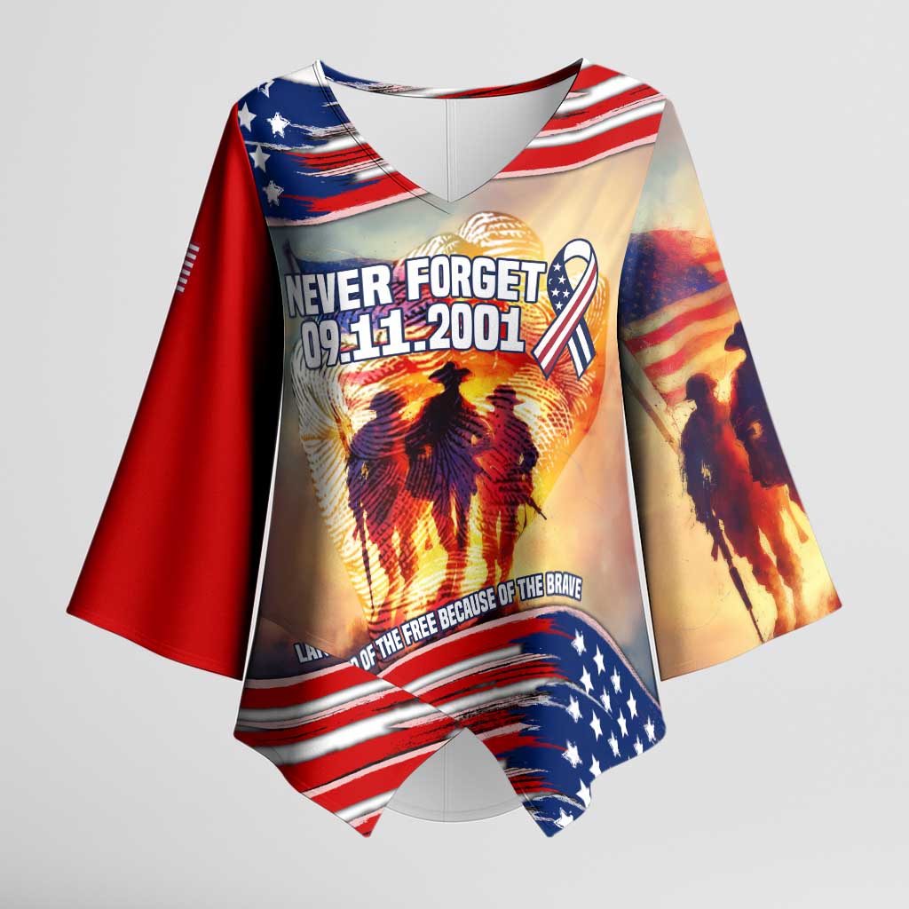 911 Memorial Patriot Day Kimono Sleeve Blouse American Flag and Soldier Tribute Never Forget - Wonder Print Shop