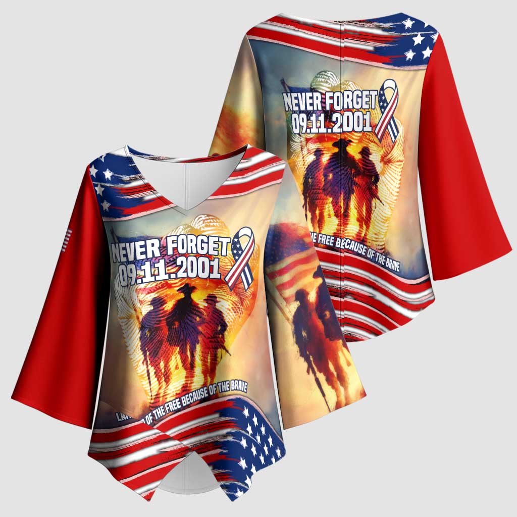 911 Memorial Patriot Day Kimono Sleeve Blouse American Flag and Soldier Tribute Never Forget - Wonder Print Shop