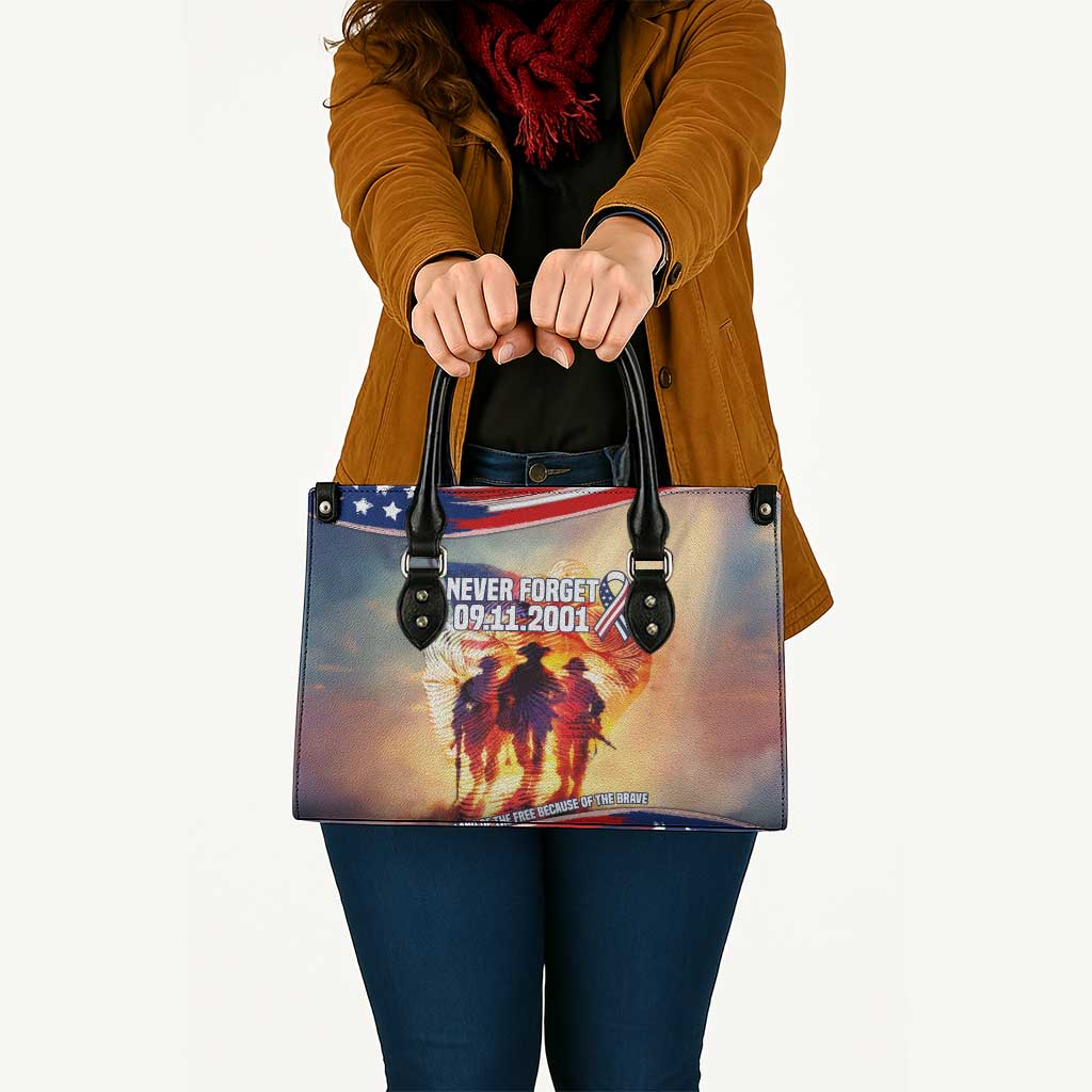 911 Memorial Patriot Day Leather Bag American Flag and Soldier Tribute Never Forget - Wonder Print Shop