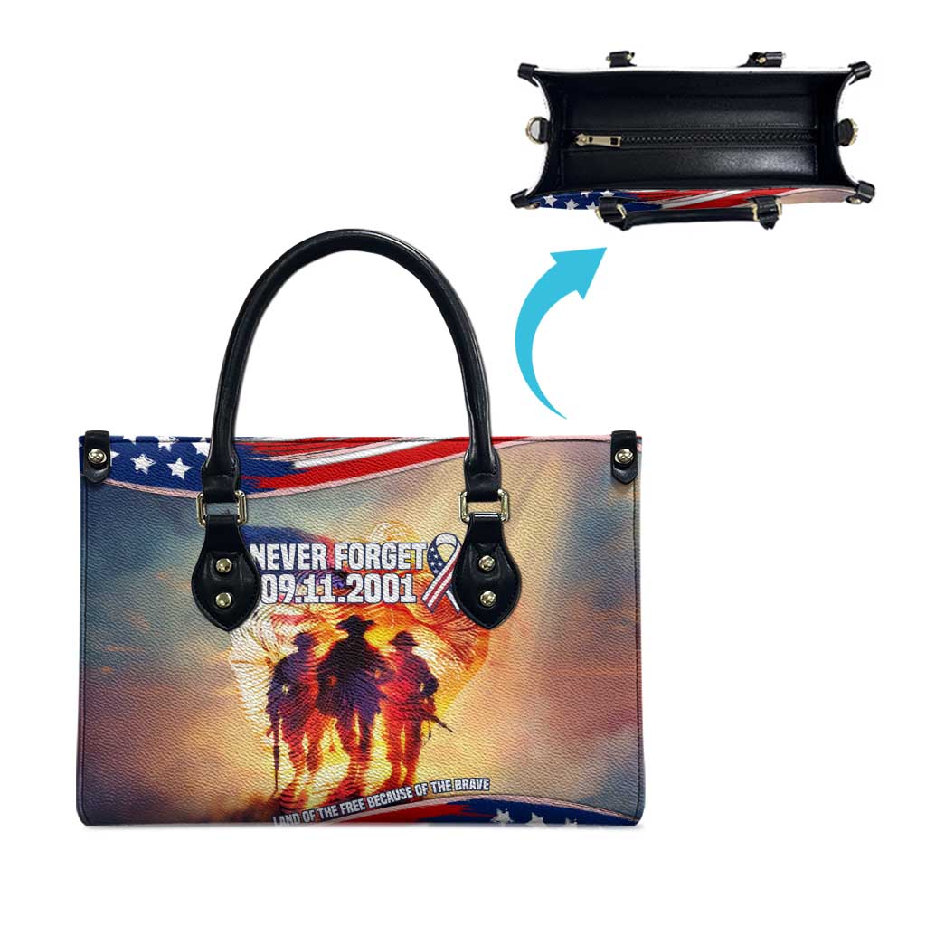 911 Memorial Patriot Day Leather Bag American Flag and Soldier Tribute Never Forget - Wonder Print Shop
