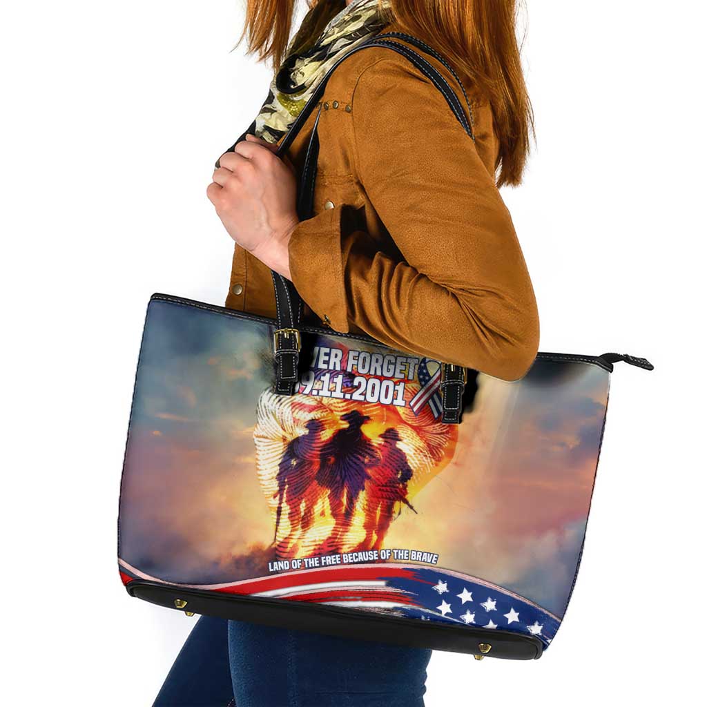 911 Memorial Patriot Day Leather Tote Bag American Flag and Soldier Tribute Never Forget - Wonder Print Shop