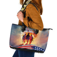 911 Memorial Patriot Day Leather Tote Bag American Flag and Soldier Tribute Never Forget - Wonder Print Shop