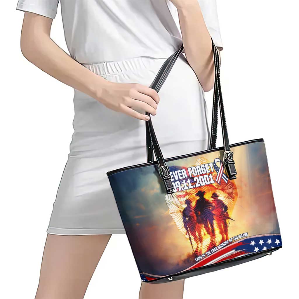 911 Memorial Patriot Day Leather Tote Bag American Flag and Soldier Tribute Never Forget - Wonder Print Shop