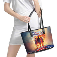 911 Memorial Patriot Day Leather Tote Bag American Flag and Soldier Tribute Never Forget - Wonder Print Shop