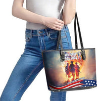 911 Memorial Patriot Day Leather Tote Bag American Flag and Soldier Tribute Never Forget - Wonder Print Shop