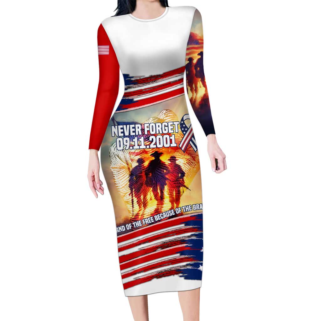 911 Memorial Patriot Day Long Sleeve Bodycon Dress American Flag and Soldier Tribute Never Forget - Wonder Print Shop