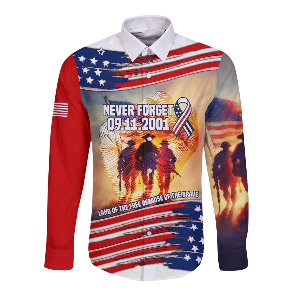 911 Memorial Patriot Day Long Sleeve Button Shirt American Flag and Soldier Tribute Never Forget - Wonder Print Shop