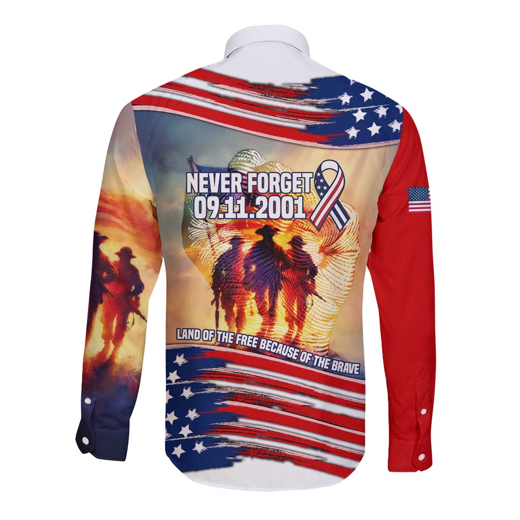 911 Memorial Patriot Day Long Sleeve Button Shirt American Flag and Soldier Tribute Never Forget - Wonder Print Shop
