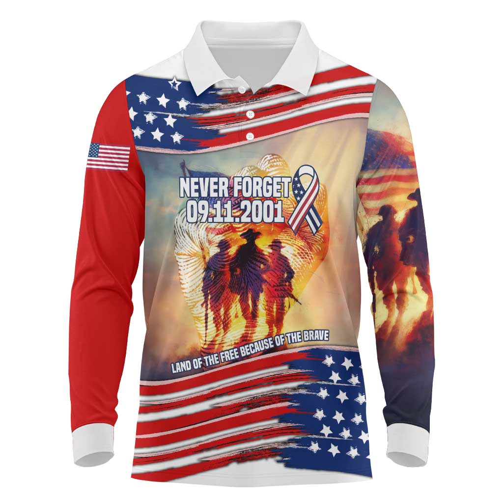 911 Memorial Patriot Day Long Sleeve Polo Shirt American Flag and Soldier Tribute Never Forget - Wonder Print Shop