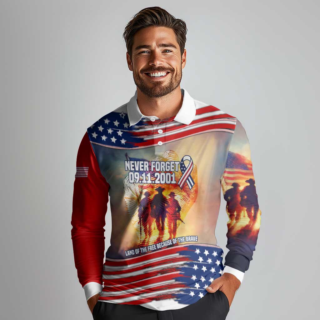 911 Memorial Patriot Day Long Sleeve Polo Shirt American Flag and Soldier Tribute Never Forget - Wonder Print Shop