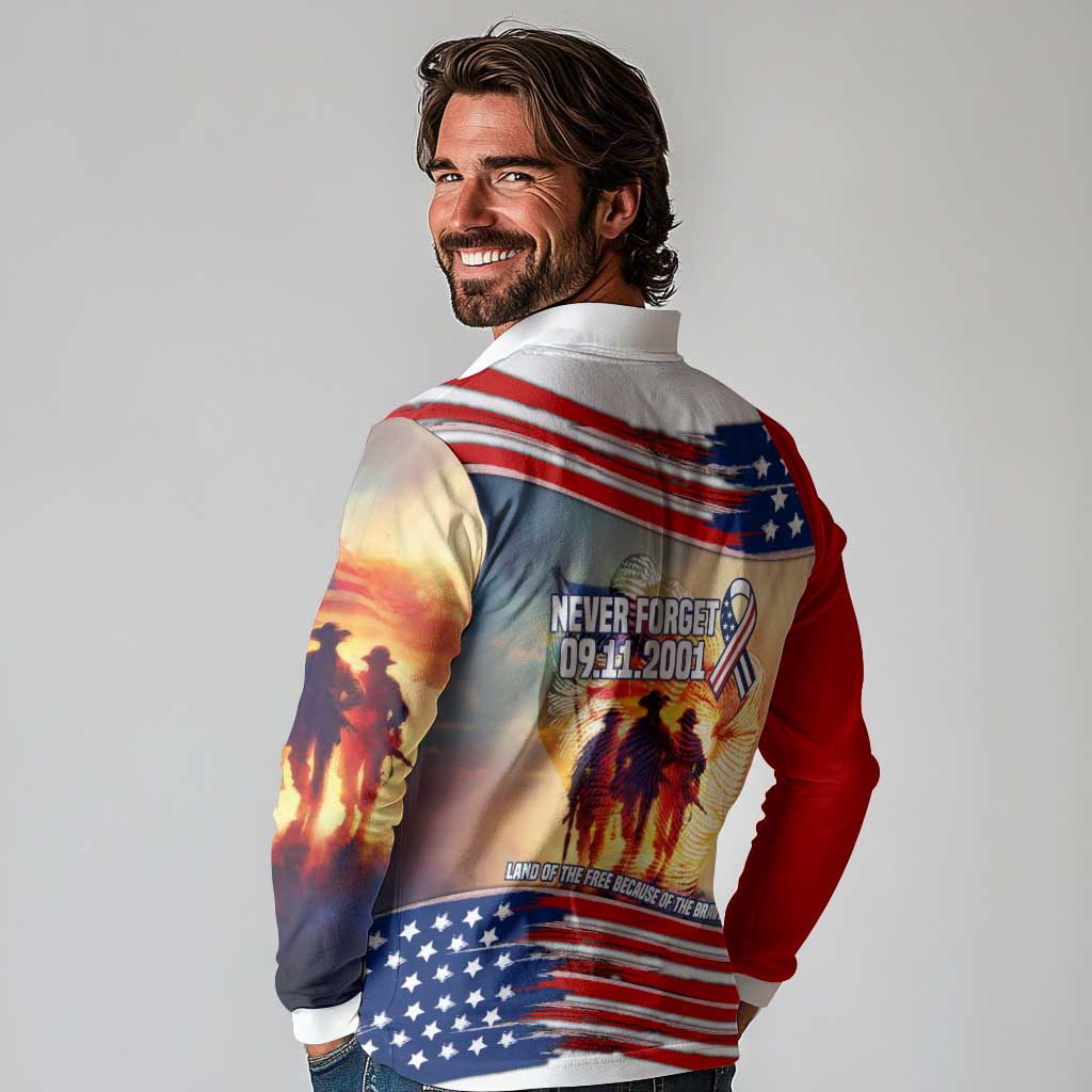 911 Memorial Patriot Day Long Sleeve Polo Shirt American Flag and Soldier Tribute Never Forget - Wonder Print Shop