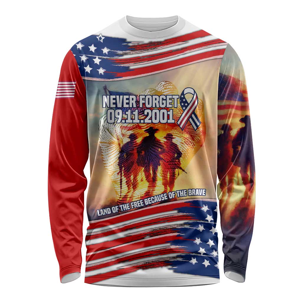 911 Memorial Patriot Day Long Sleeve Shirt American Flag and Soldier Tribute Never Forget - Wonder Print Shop