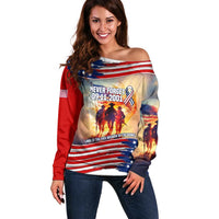911 Memorial Patriot Day Off Shoulder Sweater American Flag and Soldier Tribute Never Forget - Wonder Print Shop