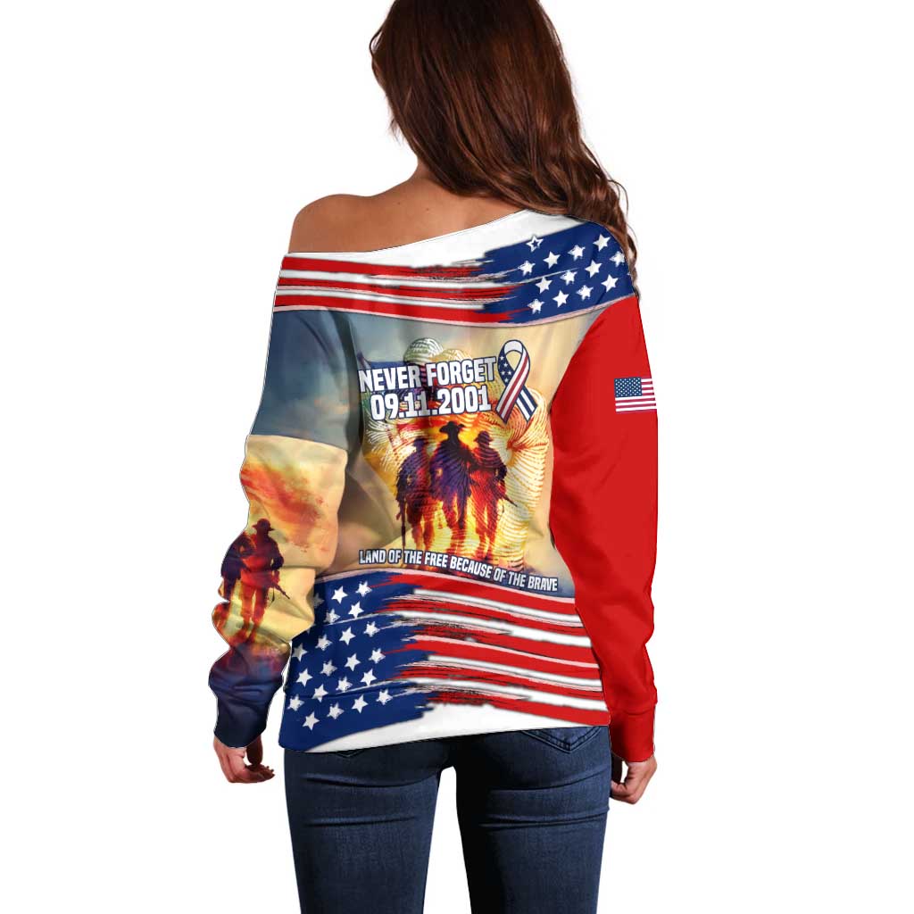 911 Memorial Patriot Day Off Shoulder Sweater American Flag and Soldier Tribute Never Forget - Wonder Print Shop