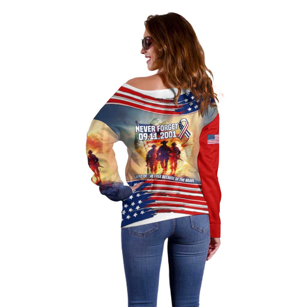 911 Memorial Patriot Day Off Shoulder Sweater American Flag and Soldier Tribute Never Forget - Wonder Print Shop