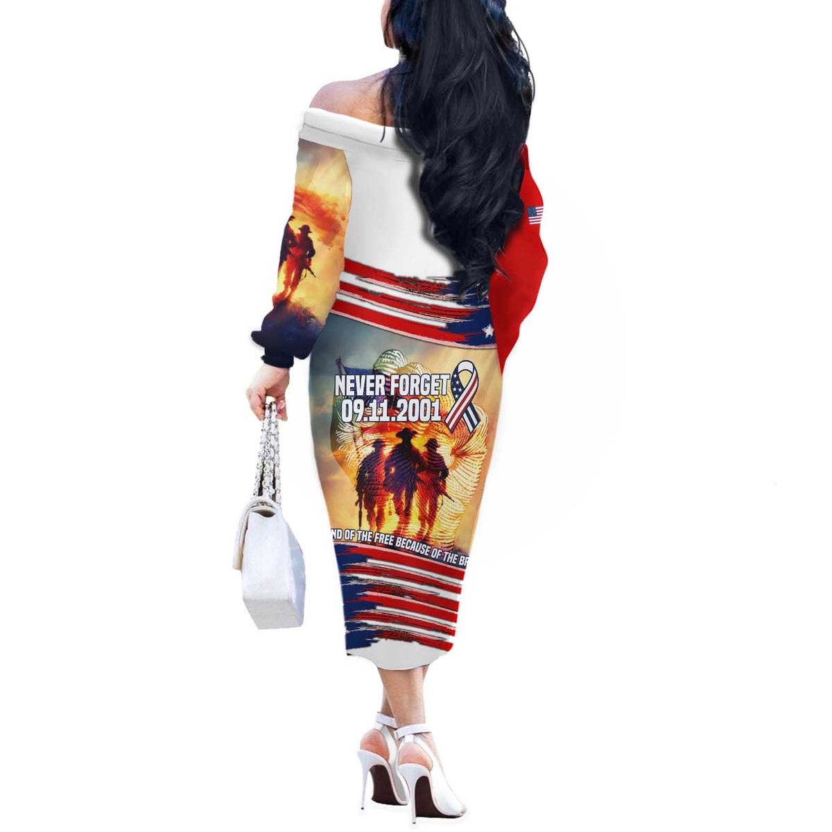 911 Memorial Patriot Day Off The Shoulder Long Sleeve Dress American Flag and Soldier Tribute Never Forget - Wonder Print Shop