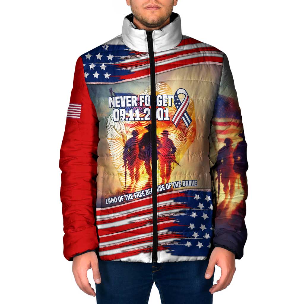 911 Memorial Patriot Day Padded Jacket American Flag and Soldier Tribute Never Forget - Wonder Print Shop