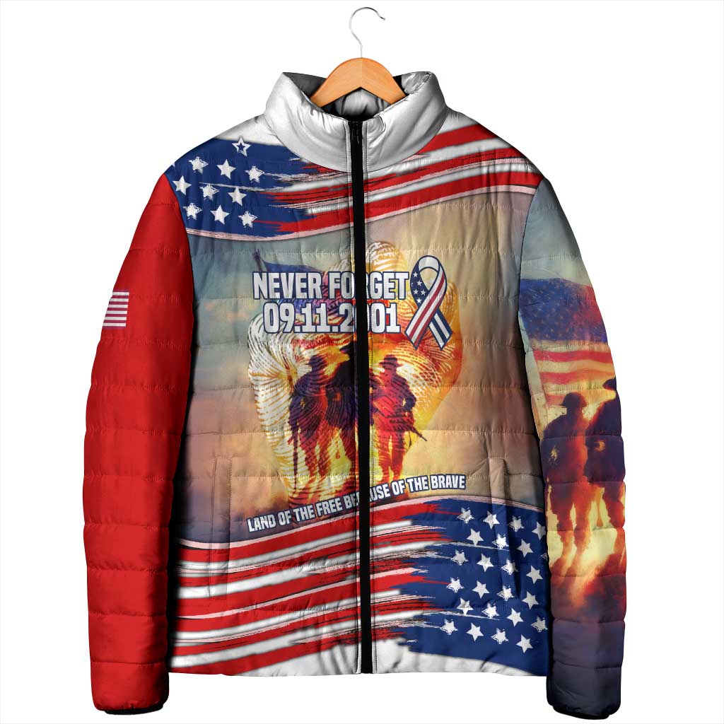 911 Memorial Patriot Day Padded Jacket American Flag and Soldier Tribute Never Forget - Wonder Print Shop