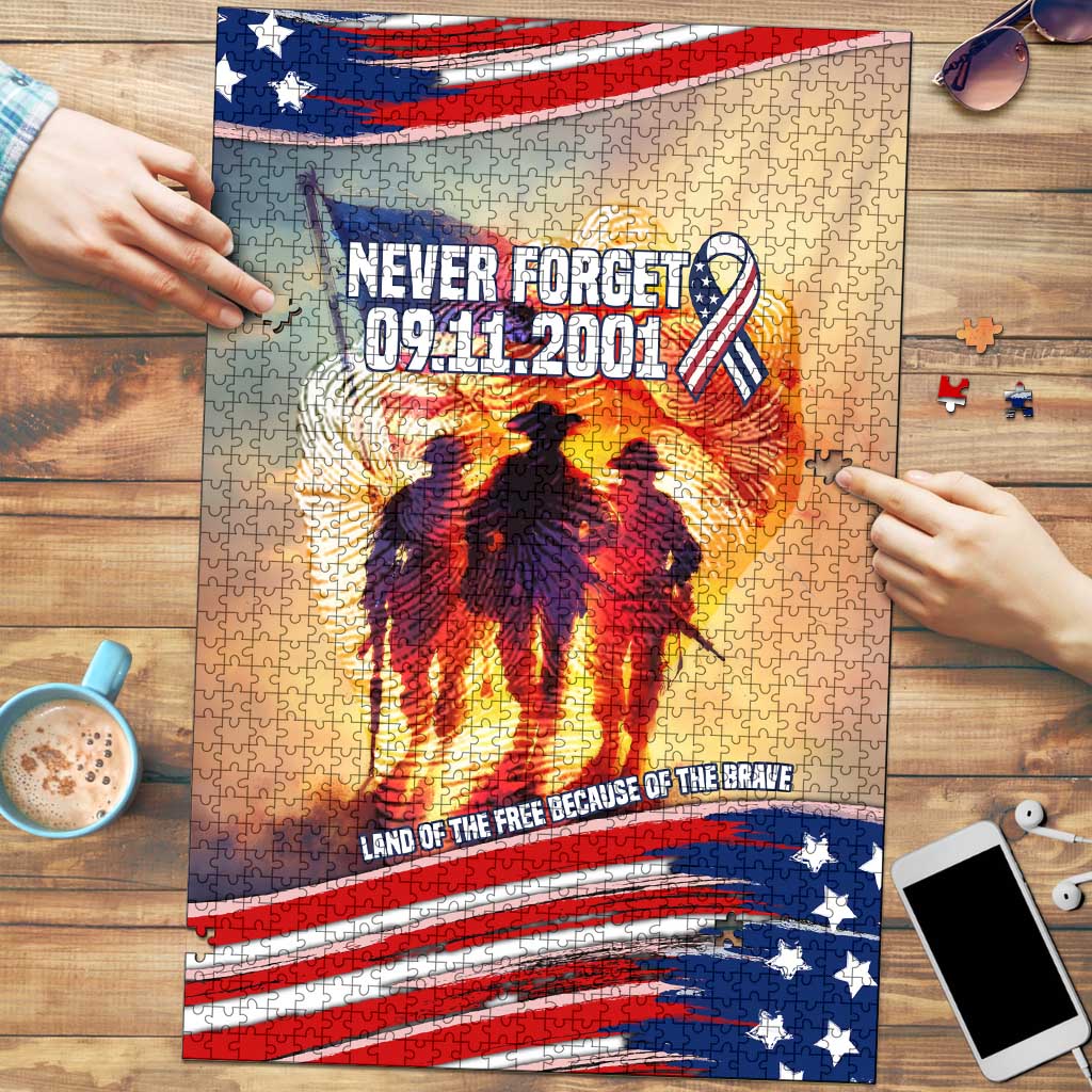 911 Memorial Patriot Day Puzzle American Flag and Soldier Tribute Never Forget - Wonder Print Shop