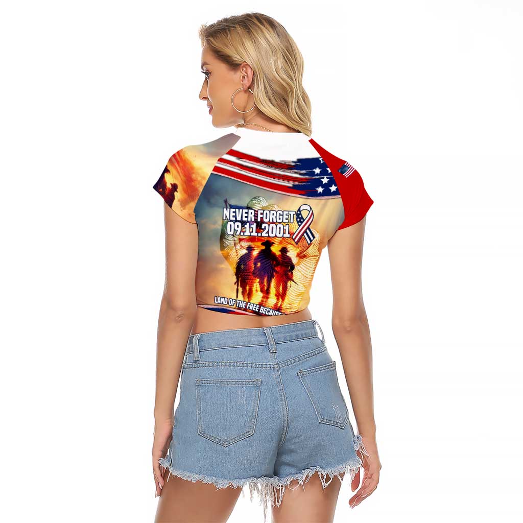 911 Memorial Patriot Day Raglan Cropped T Shirt American Flag and Soldier Tribute Never Forget - Wonder Print Shop