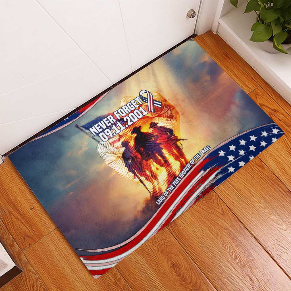 911 Memorial Patriot Day Rubber Doormat American Flag and Soldier Tribute Never Forget - Wonder Print Shop