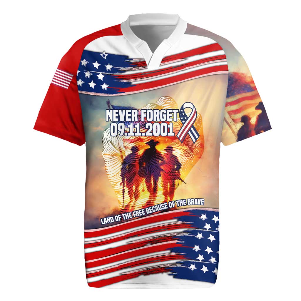 911 Memorial Patriot Day Rugby Jersey American Flag and Soldier Tribute Never Forget - Wonder Print Shop