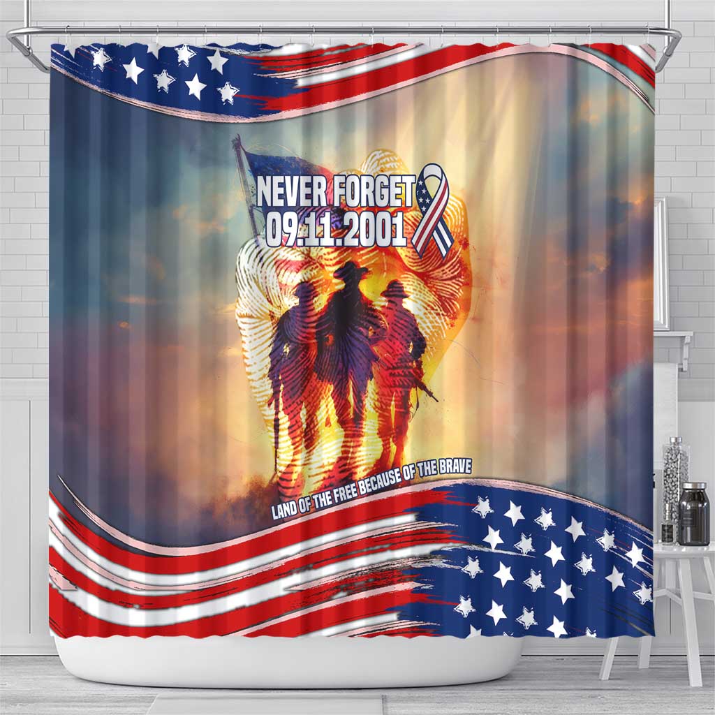 911 Memorial Patriot Day Shower Curtain American Flag and Soldier Tribute Never Forget - Wonder Print Shop