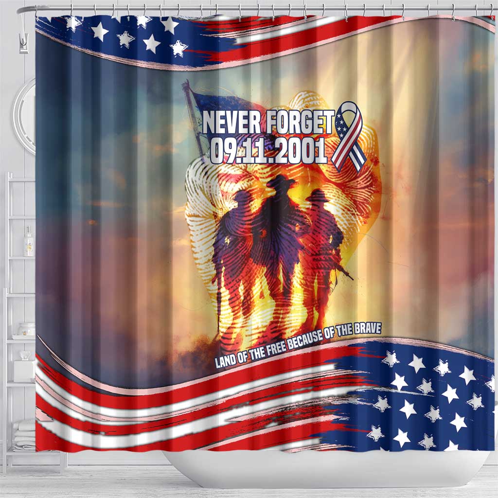 911 Memorial Patriot Day Shower Curtain American Flag and Soldier Tribute Never Forget - Wonder Print Shop