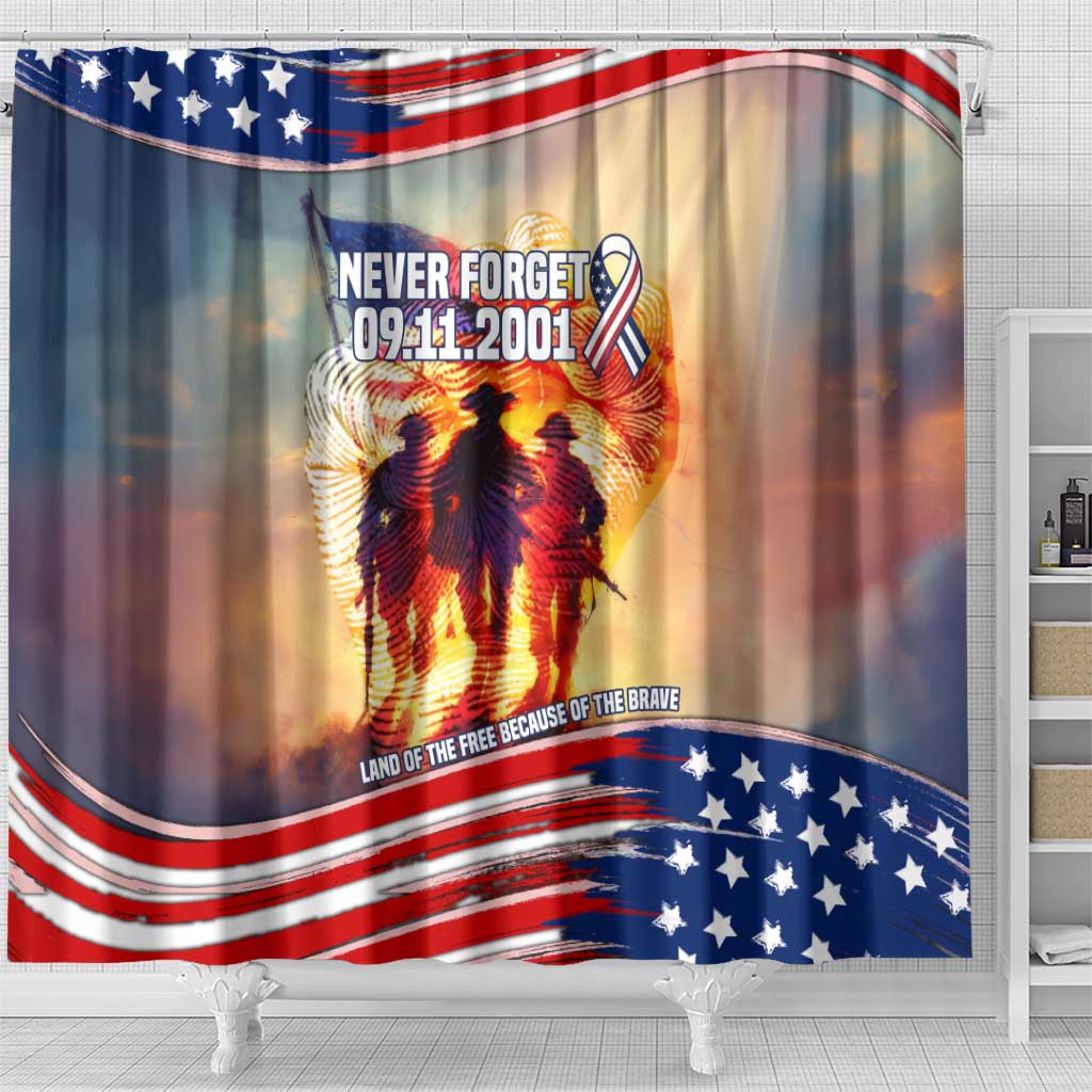 911 Memorial Patriot Day Shower Curtain American Flag and Soldier Tribute Never Forget - Wonder Print Shop
