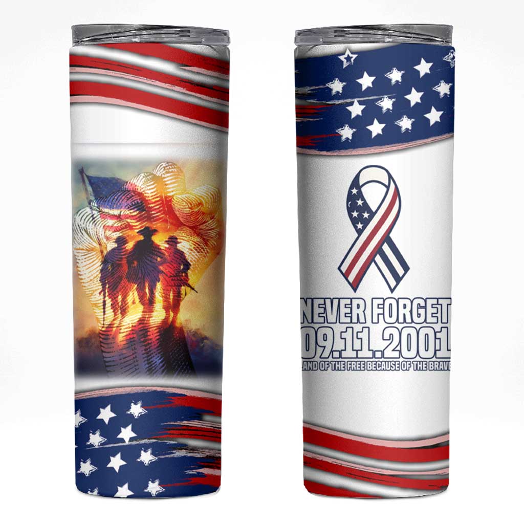 911 Memorial Patriot Day Skinny Tumbler American Flag and Soldier Tribute Never Forget - Wonder Print Shop