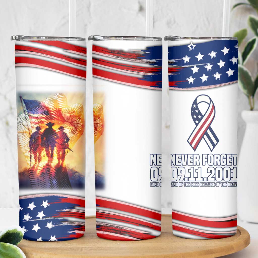 911 Memorial Patriot Day Skinny Tumbler American Flag and Soldier Tribute Never Forget - Wonder Print Shop
