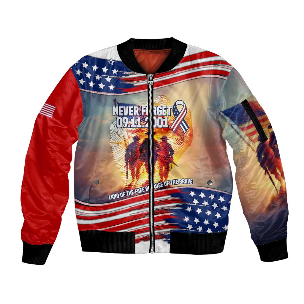 911 Memorial Patriot Day Sleeve Zip Bomber Jacket American Flag and Soldier Tribute Never Forget - Wonder Print Shop