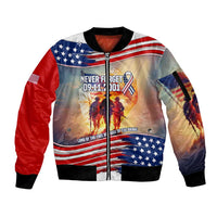 911 Memorial Patriot Day Sleeve Zip Bomber Jacket American Flag and Soldier Tribute Never Forget - Wonder Print Shop