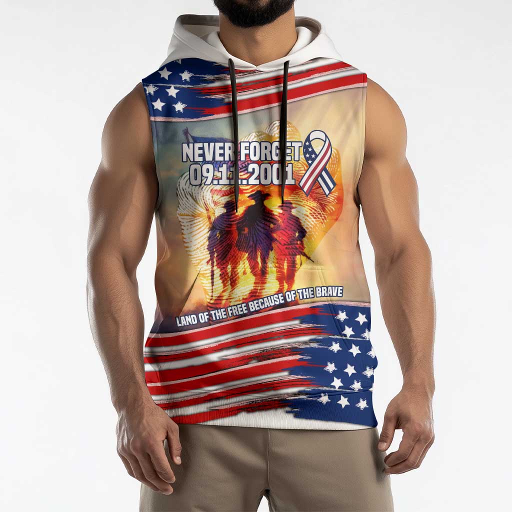 911 Memorial Patriot Day Sleeveless Hoodie American Flag and Soldier Tribute Never Forget - Wonder Print Shop