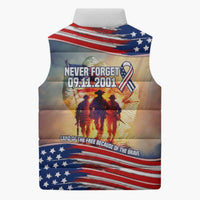 911 Memorial Patriot Day Sleeveless Puffer Jacket American Flag and Soldier Tribute Never Forget - Wonder Print Shop