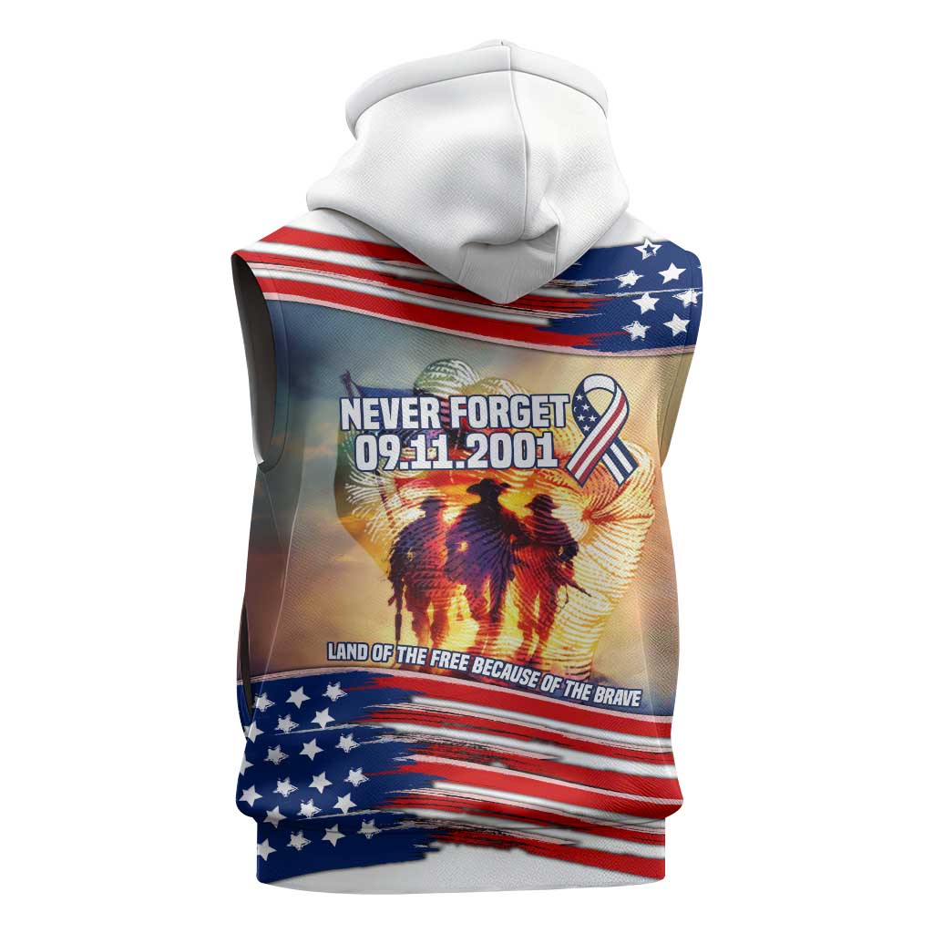 911 Memorial Patriot Day Sleeveless Zip Hoodie American Flag and Soldier Tribute Never Forget - Wonder Print Shop