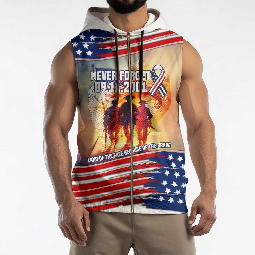 911 Memorial Patriot Day Sleeveless Zip Hoodie American Flag and Soldier Tribute Never Forget - Wonder Print Shop