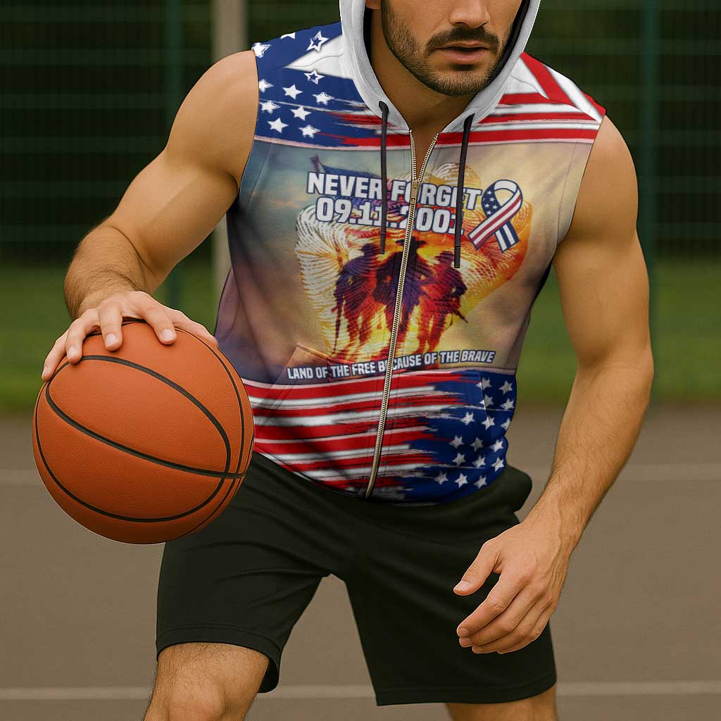 911 Memorial Patriot Day Sleeveless Zip Hoodie American Flag and Soldier Tribute Never Forget - Wonder Print Shop
