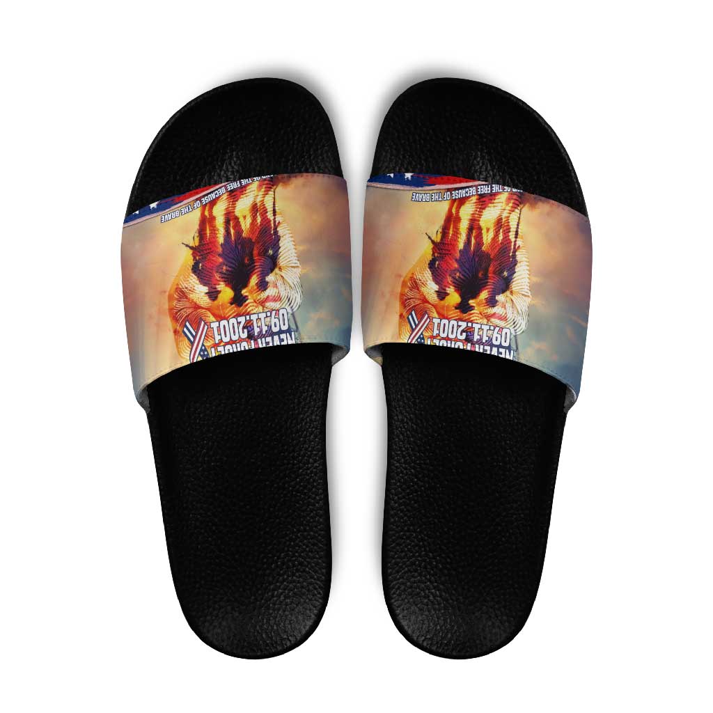 911 Memorial Patriot Day Slide Sandals American Flag and Soldier Tribute Never Forget - Wonder Print Shop
