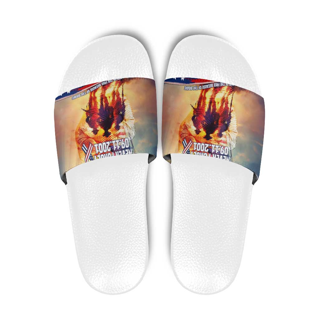 911 Memorial Patriot Day Slide Sandals American Flag and Soldier Tribute Never Forget - Wonder Print Shop