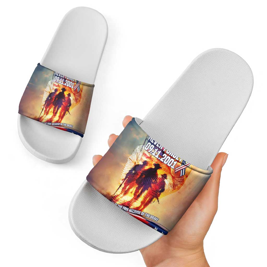 911 Memorial Patriot Day Slide Sandals American Flag and Soldier Tribute Never Forget - Wonder Print Shop