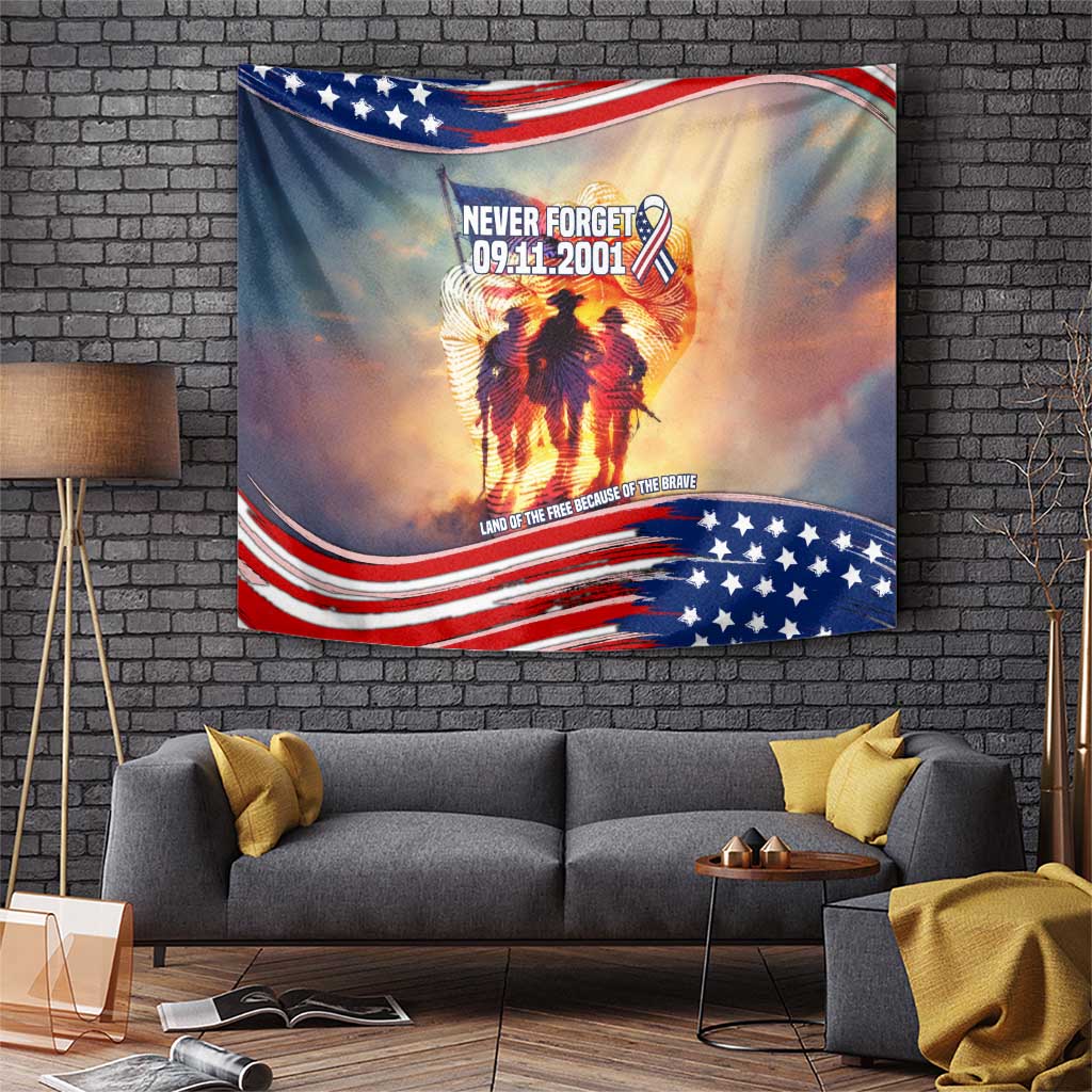 911 Memorial Patriot Day Tapestry American Flag and Soldier Tribute Never Forget - Wonder Print Shop
