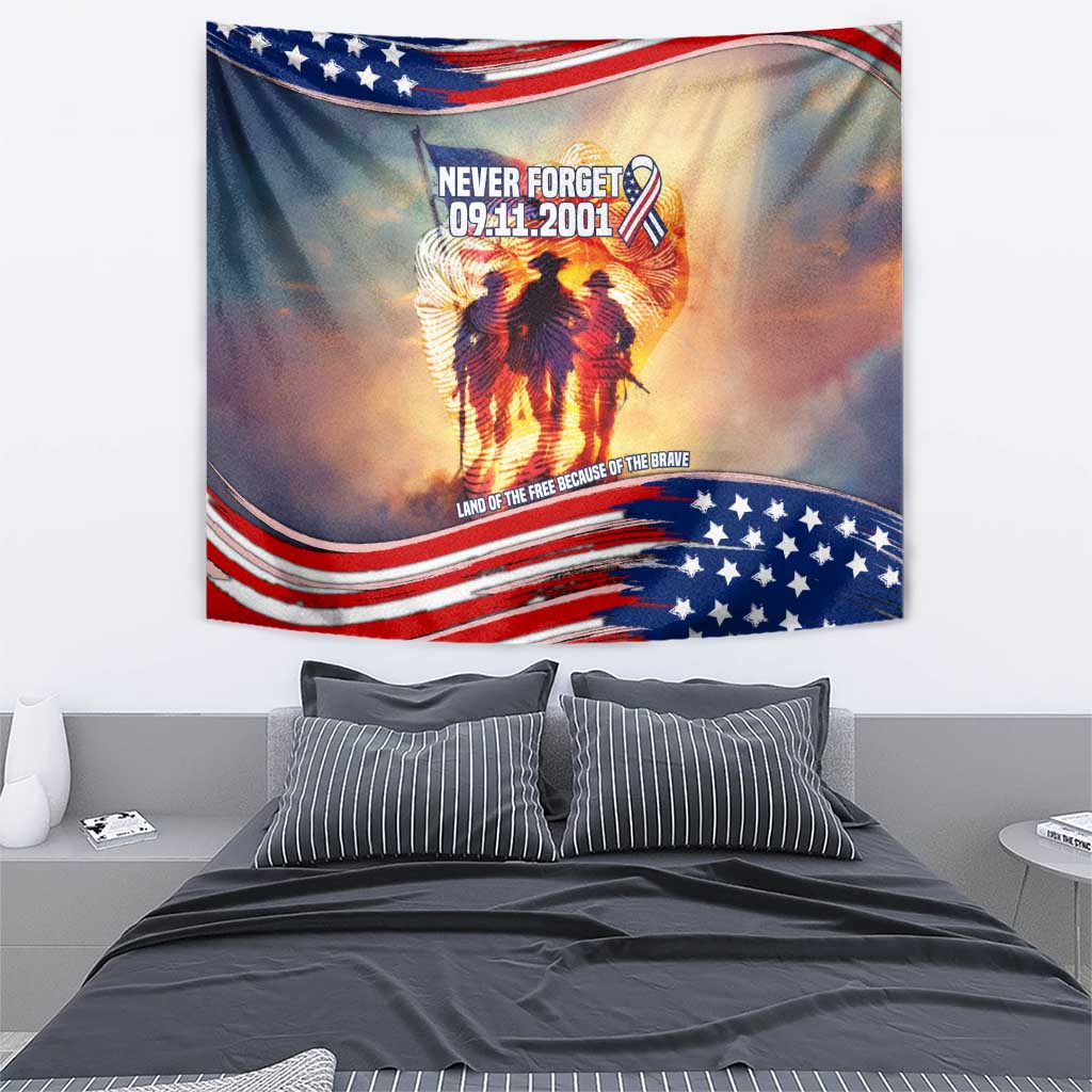 911 Memorial Patriot Day Tapestry American Flag and Soldier Tribute Never Forget - Wonder Print Shop